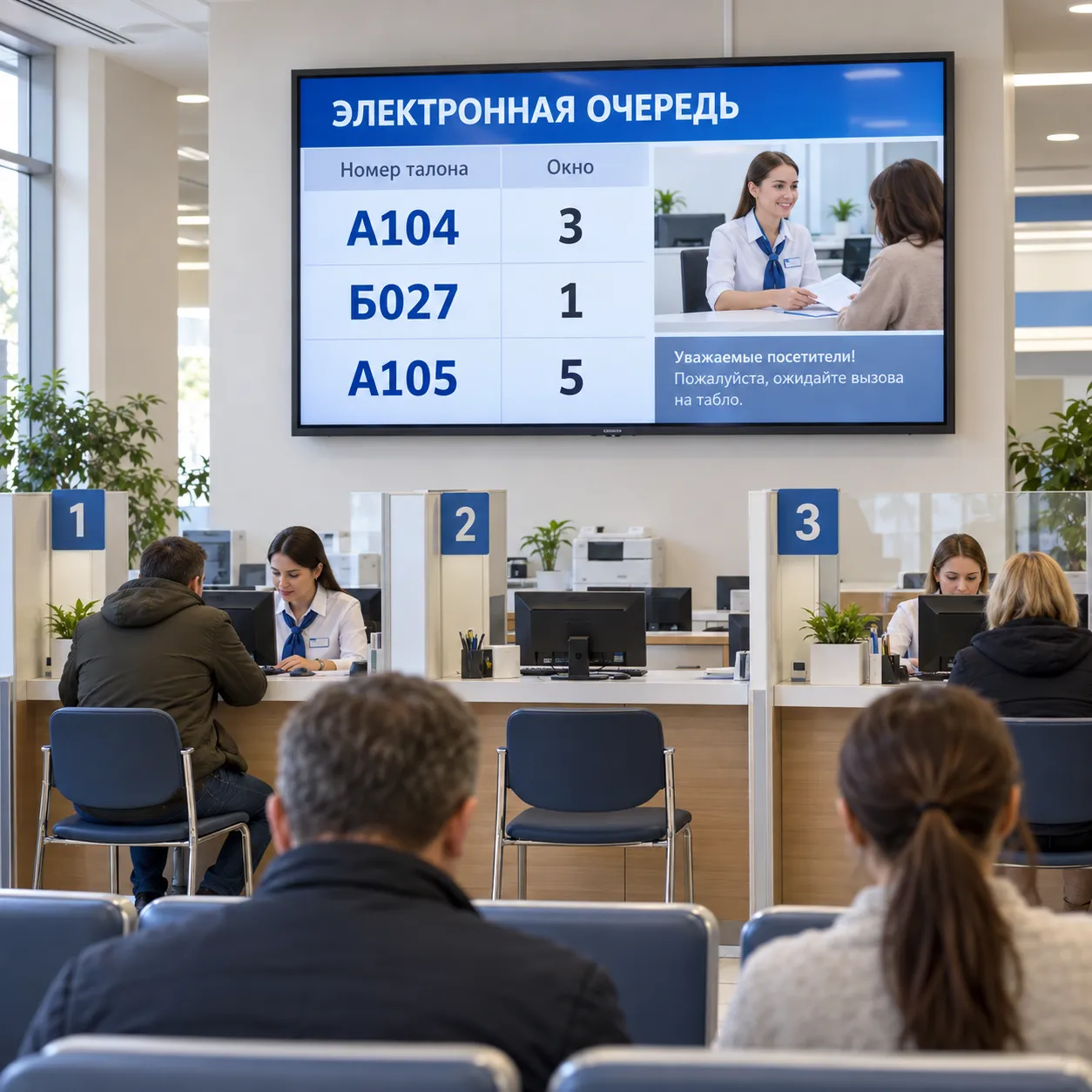 Экран электронной очереди в зале государственного учреждения